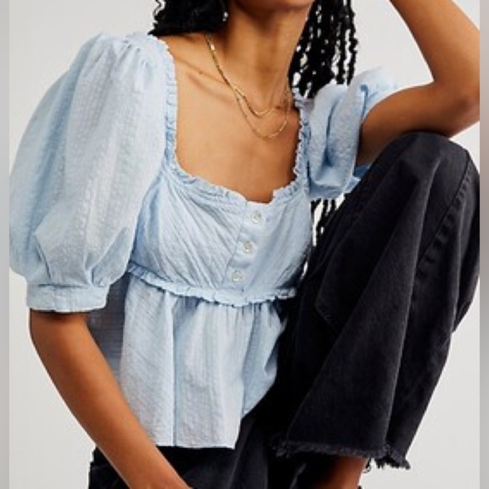 Free People Leave it to Me Blouse Top Light Blue XS Coquette Boho Gypsy
